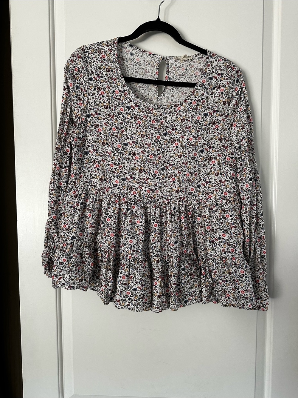 Jane and Delancey White Floral Peplum Blouse with Pink & Black Accents